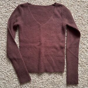 V-Neck Brown Sweater Long Sleeve